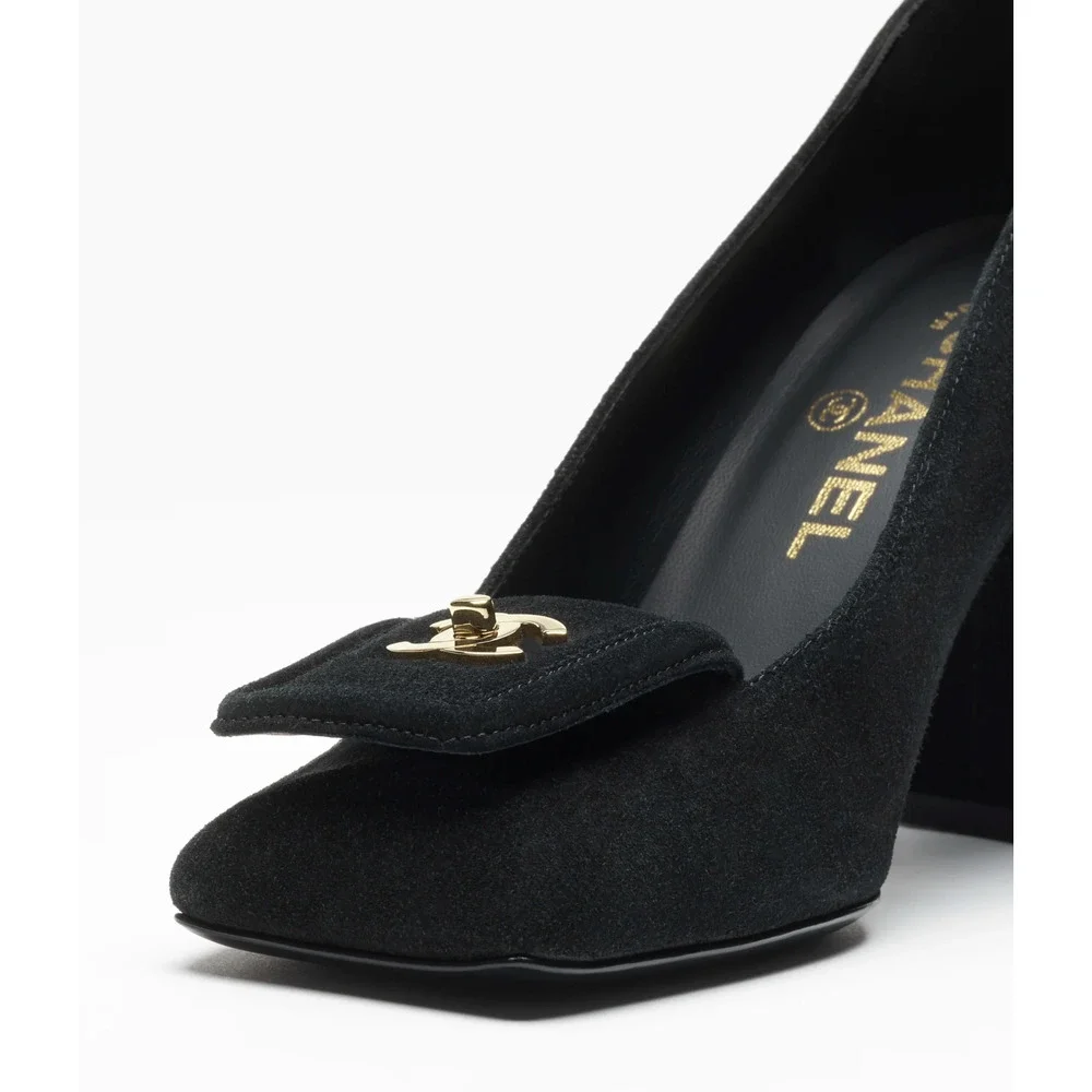 Chanel 26S Blazy Black Suede Square Toe Turnlock Gold CC Logo Block Heel Pump 38